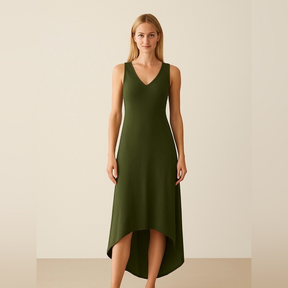 G.I.L.I. Olive Green Sleeveless Asymmetrical V-Neck Dress – Size M - Picture 2 of 12